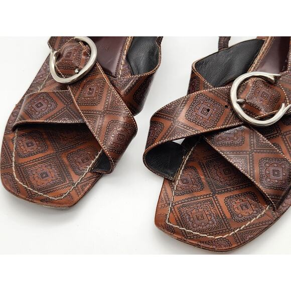 Prada - Cross Strap Leather Slingback Sandal Slide Low Heel Brown Size 40 - Picture 5 of 12